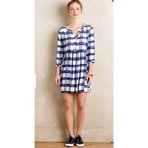 Anthropologie Maeve Devery Shirt Dress Sz Xs White Blue Plaid Bohemian Casual